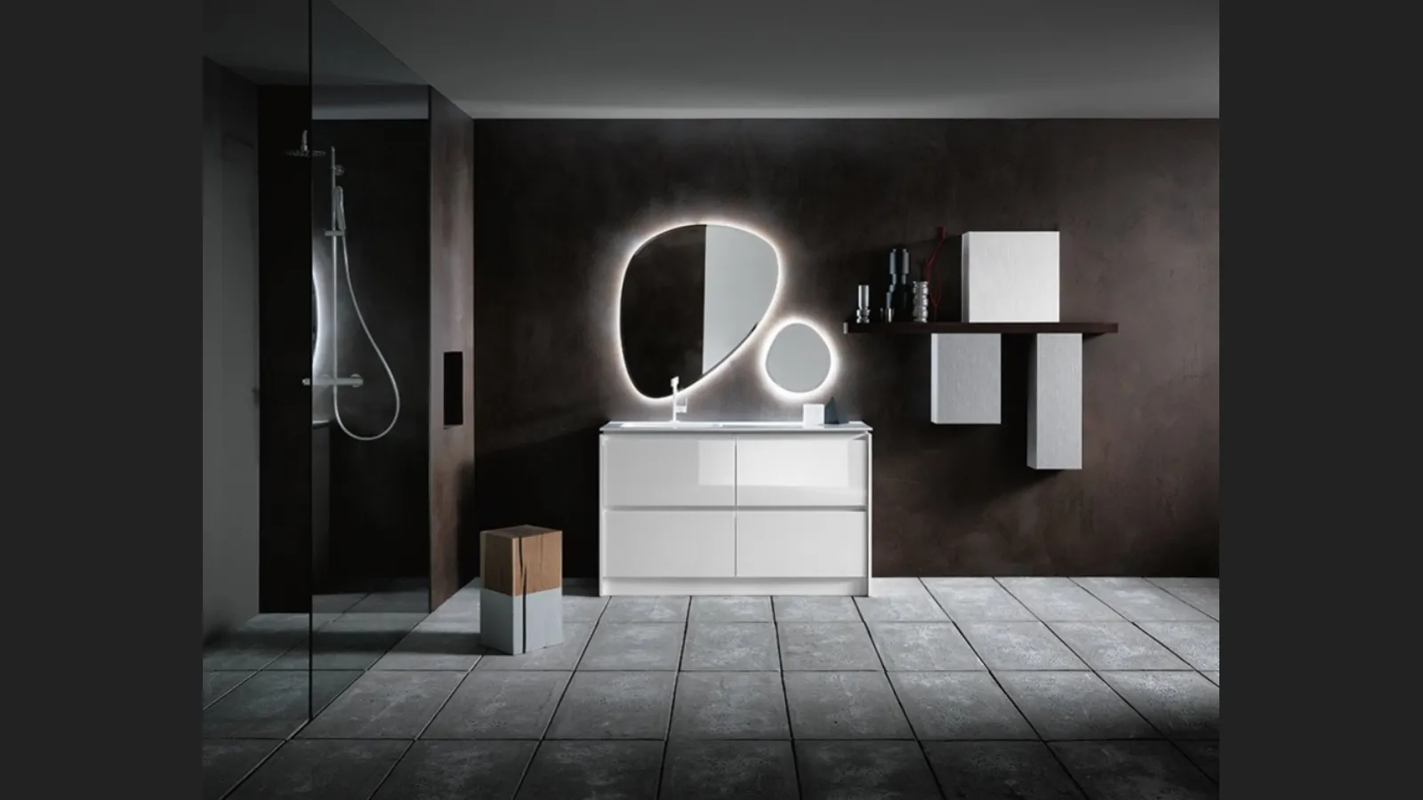 Mobile Bagno da appoggio in laccato bianco lucido e lavabo in Mineralguss INK NK09 di Compab