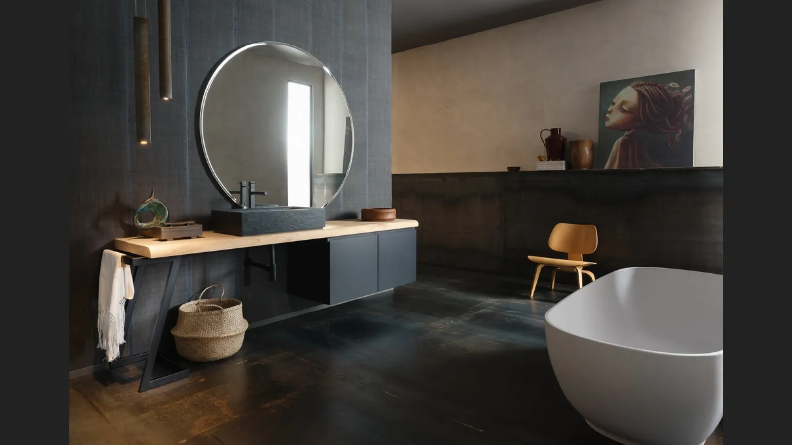 Mobile Bagno da appoggio in laccato opaco nero con piano in legno e lavabo in gres INK PRESTIGE NK21 di Compab