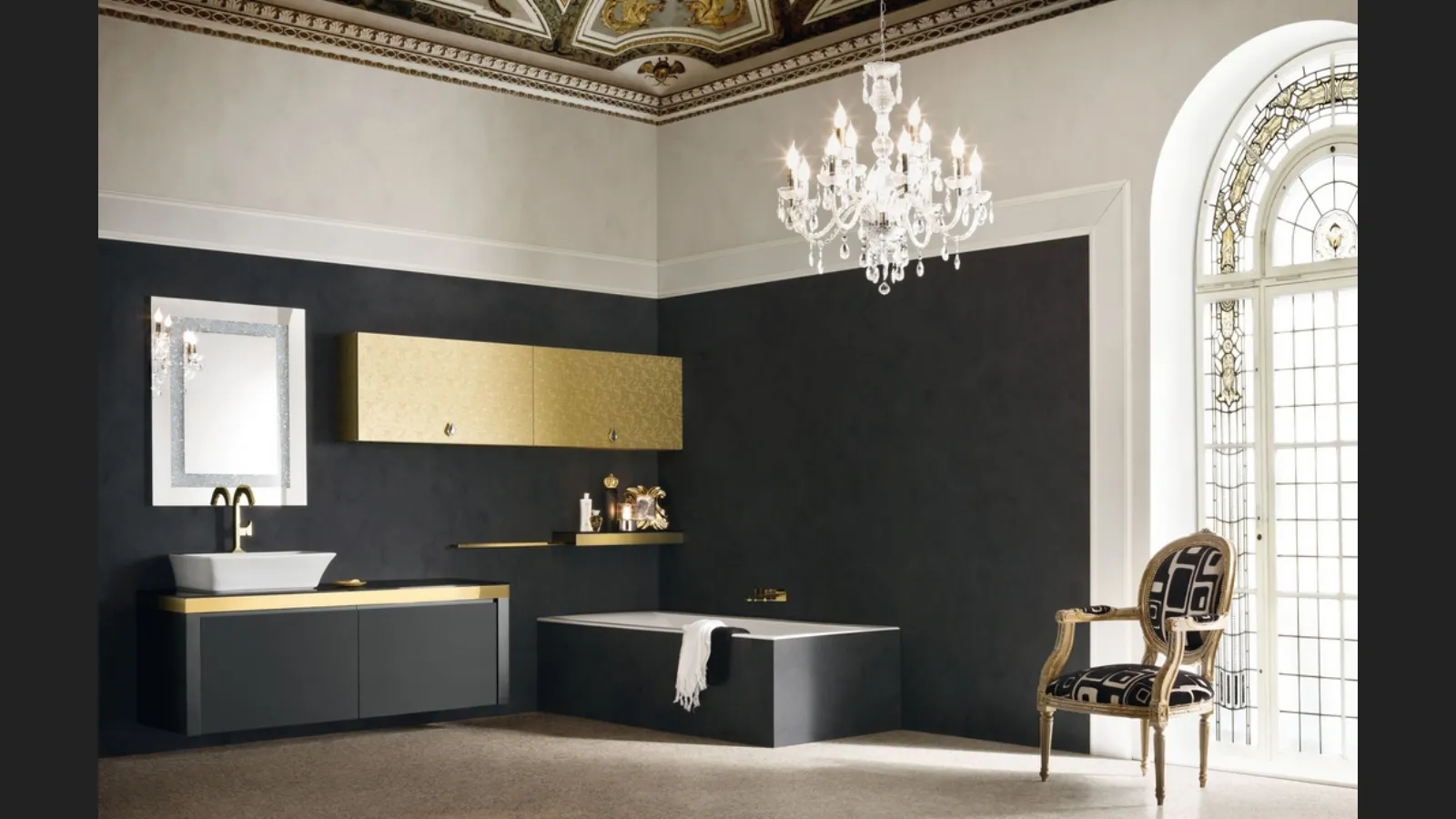 Mobile da Bagno sospeso in laccato opaco e oro con piano in cristallo JACANA LUXURY JA26 di Compab