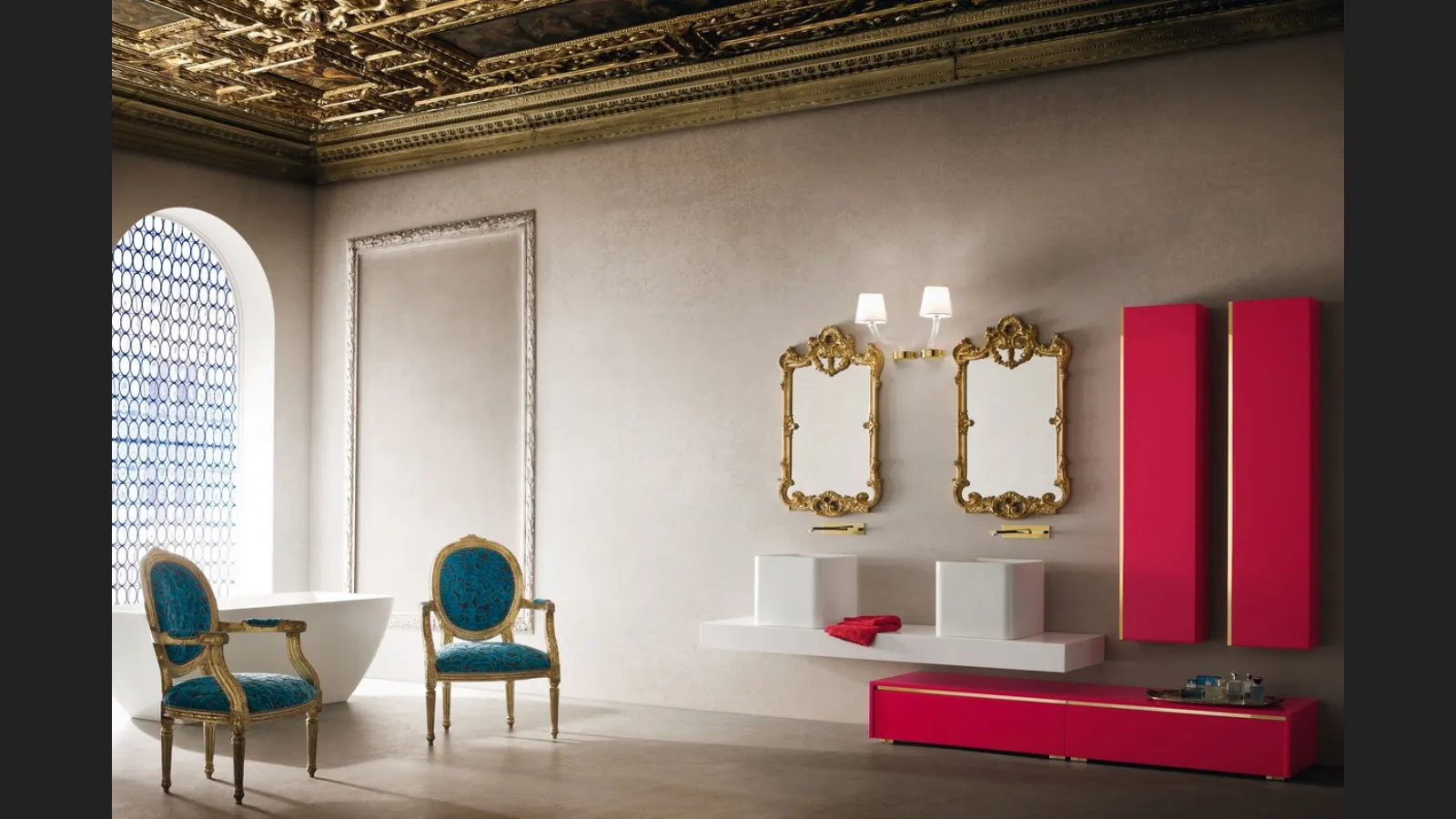 Mobile Bagno da appoggio in laccato lucido con finiture dorate e piano in Mineralguss JACANA LUXURY JA27 di Compab