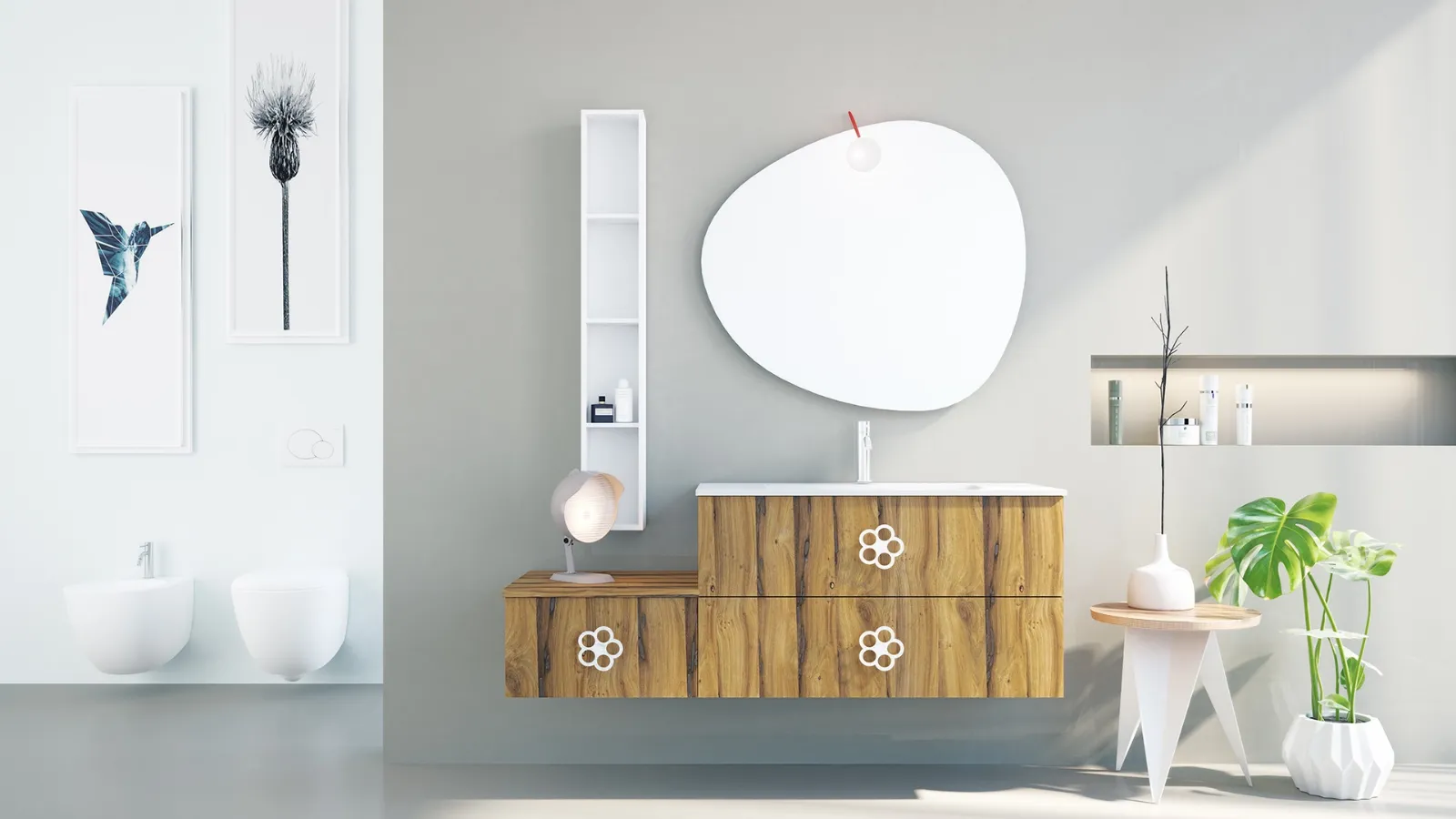 Mobile da Bagno sospeso in legno con maniglia in metallo a forma di fiore Linea LN29 di Arteba