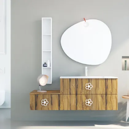 Mobile da Bagno sospeso in legno con maniglia in metallo a forma di fiore Linea LN29 di Arteba