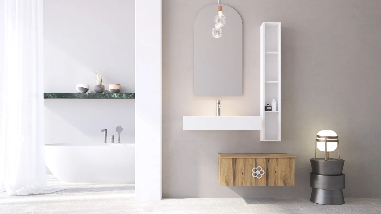 Mobile da Bagno sospeso in legno con maniglia in metallo a forma di fiore Linea LN33 di Arteba