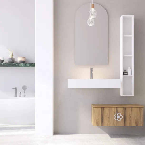 Mobile da Bagno sospeso in legno con maniglia in metallo a forma di fiore Linea LN33 di Arteba