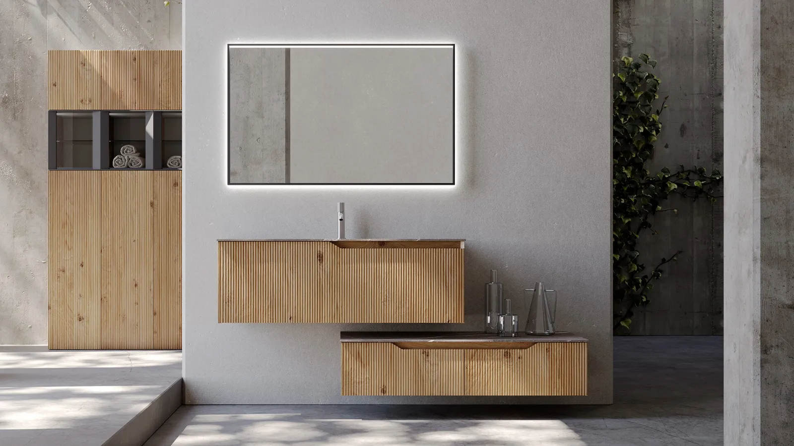 Mobile da Bagno sospeso Rustech RT24 in Rovere cannettato rustico naturale di Arteba