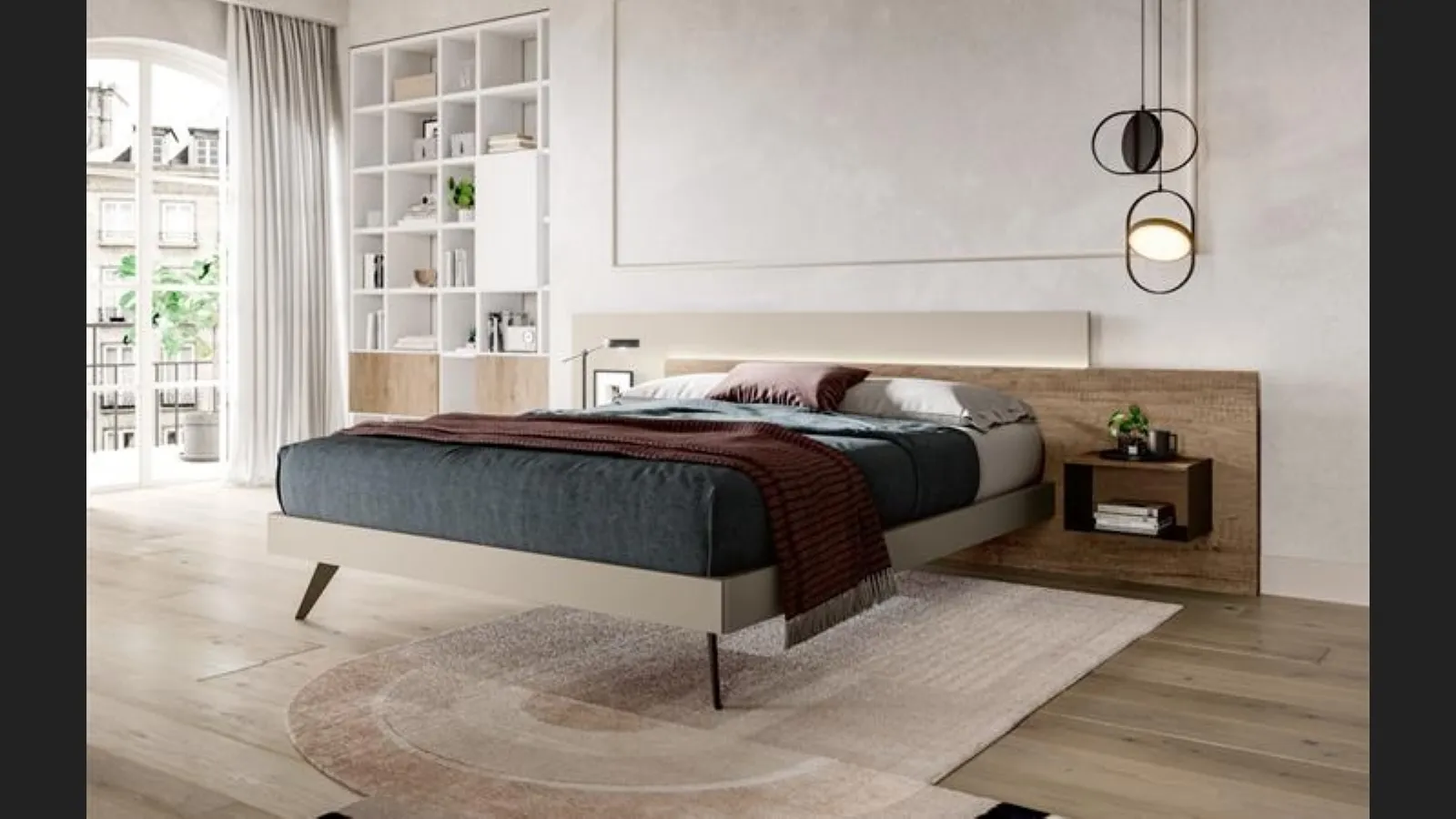 Letto moderno con testiera in nobilitato essenza Rovere vintage e laccato opaco Duo di Villanova