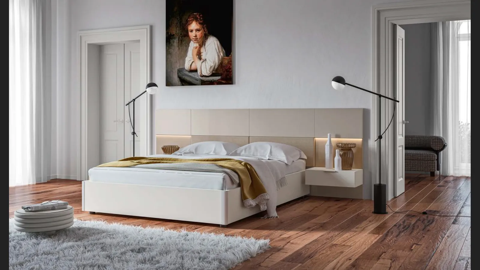 Letto con testiera GL03 Puzzle finitura Perla e Beige di Marka Total Living