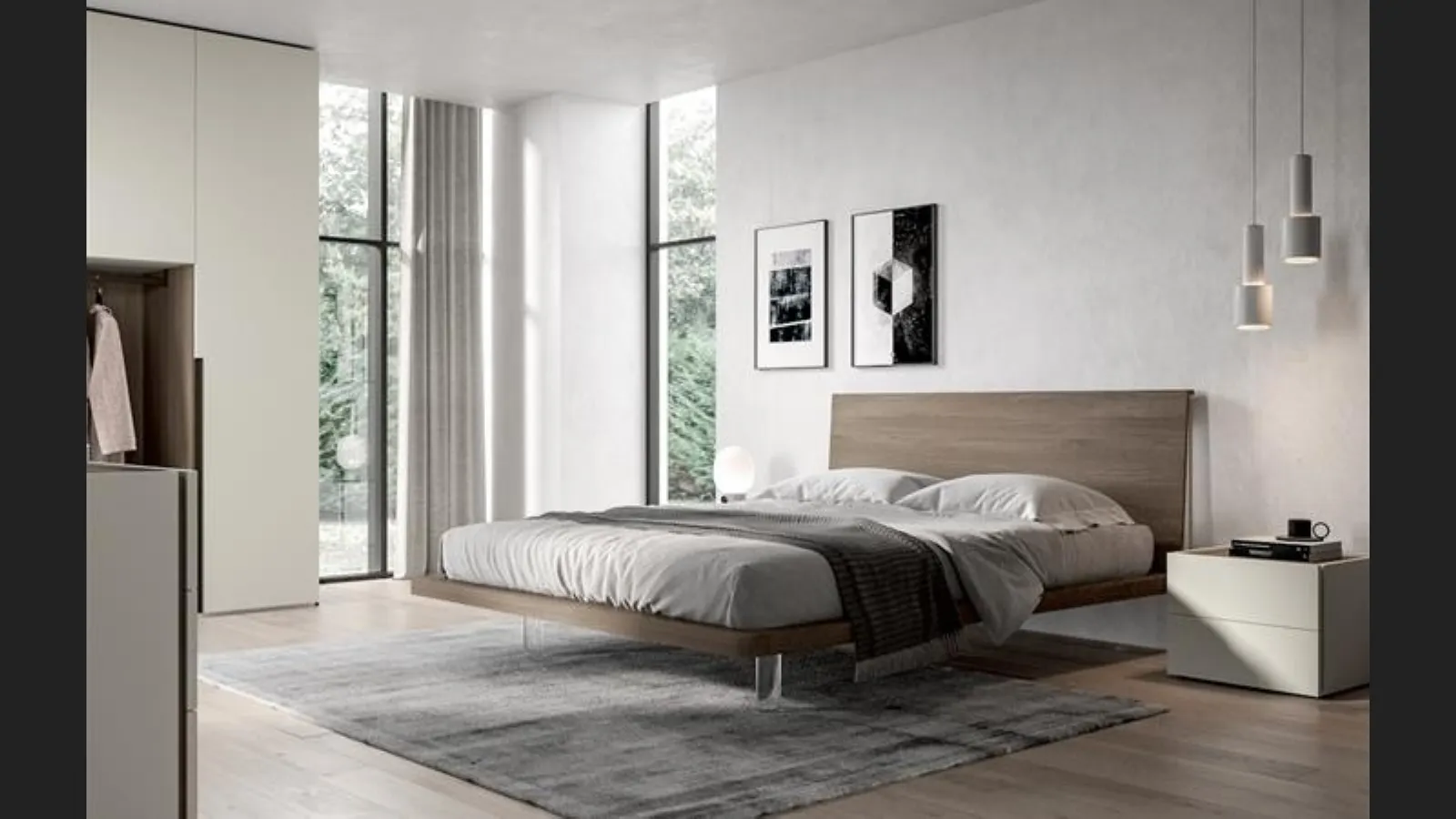 Letto dal design moderno semplice e lineare con testiera in nobilitato essenza Olmo juta e piedini trasparenti Zeo di Villanova