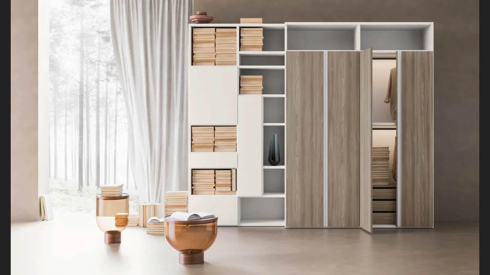 Libreria a muro Composizione Time M13 in finitura Perla e Forestal Brown di Marka Total Living