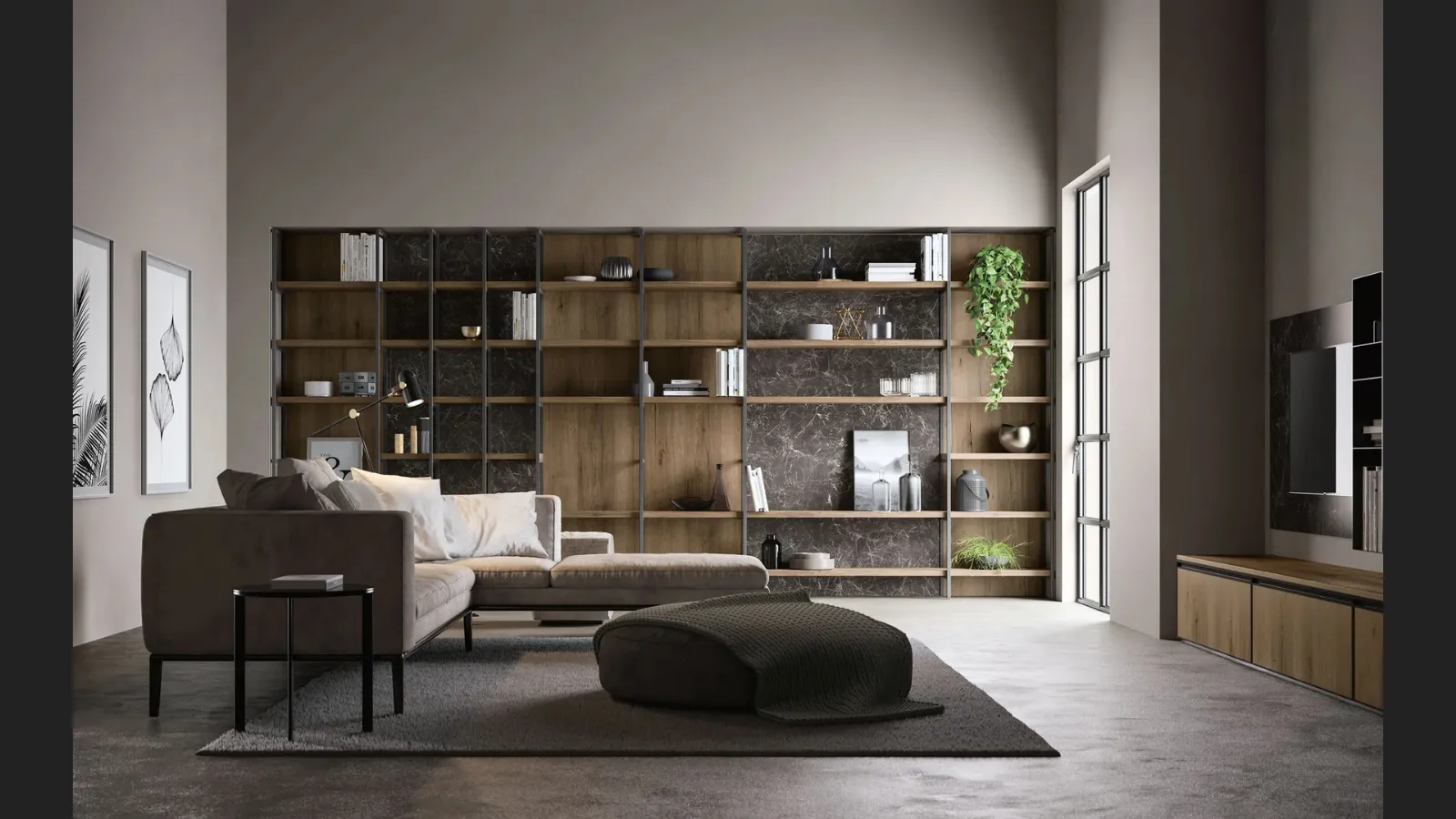 Libreria Living Kronos in metallo e laminato effetto legno e effetto marmo di Arredo3