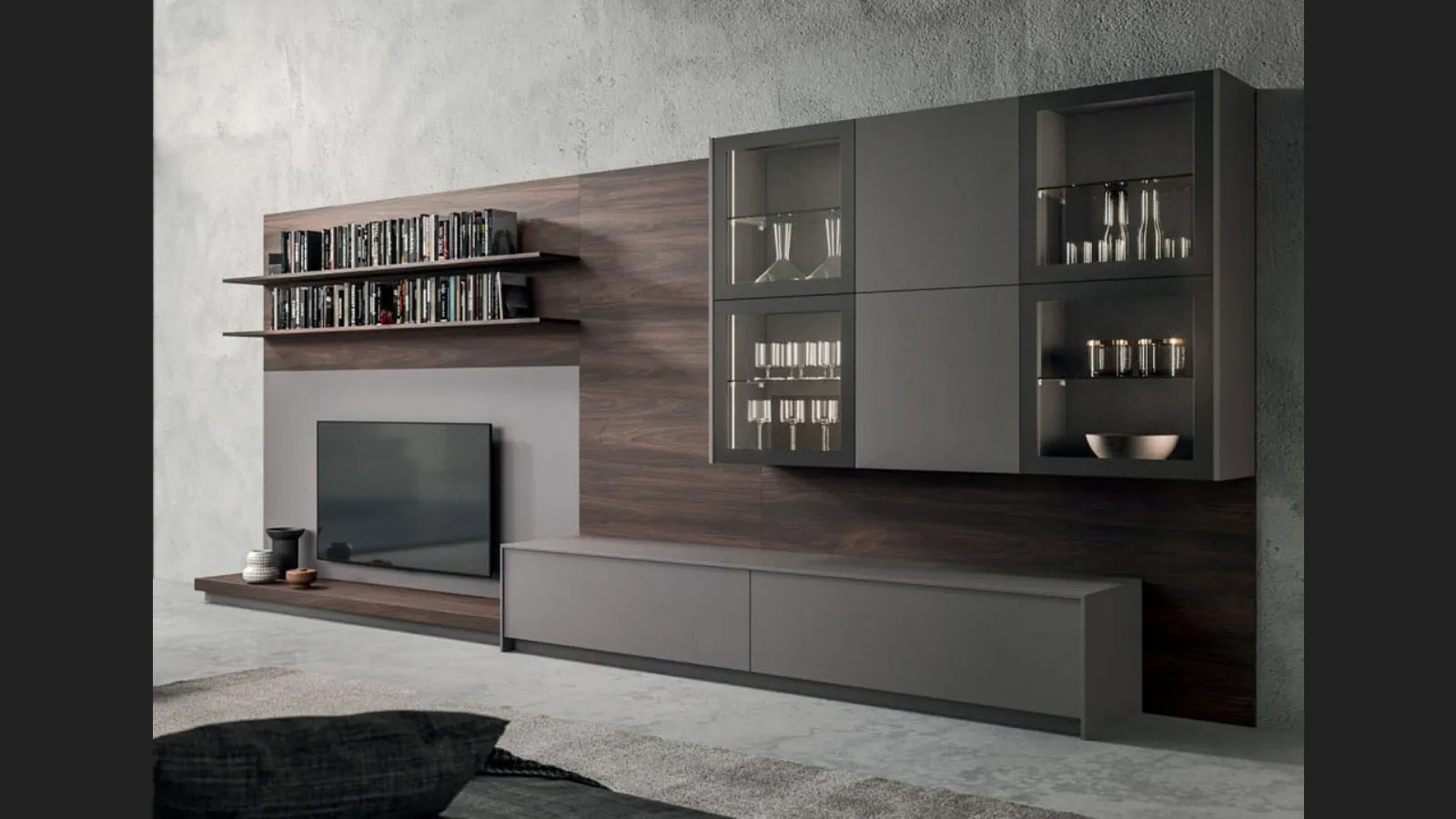 Parete Attrezzata Living T05 in Fenix Grigio Londra e melaminico Noce dark di Gentili Cucine