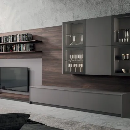 Parete Attrezzata Living T05 in Fenix Grigio Londra e melaminico Noce dark di Gentili Cucine