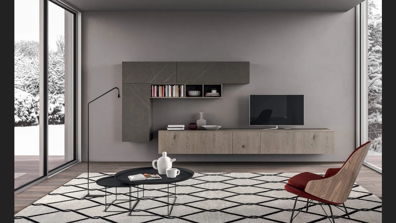 Parete Attrezzata sospesa Living T09 in Rovere e laminato HPL di Gentili Cucine