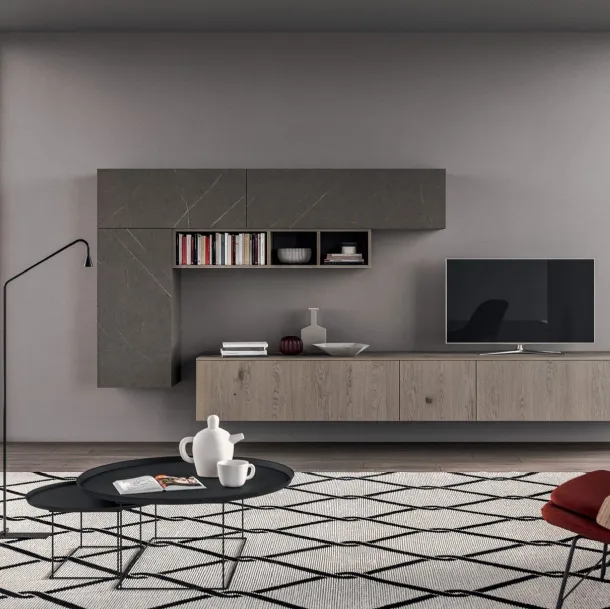 Parete Attrezzata sospesa Living T09 in Rovere e laminato HPL di Gentili Cucine