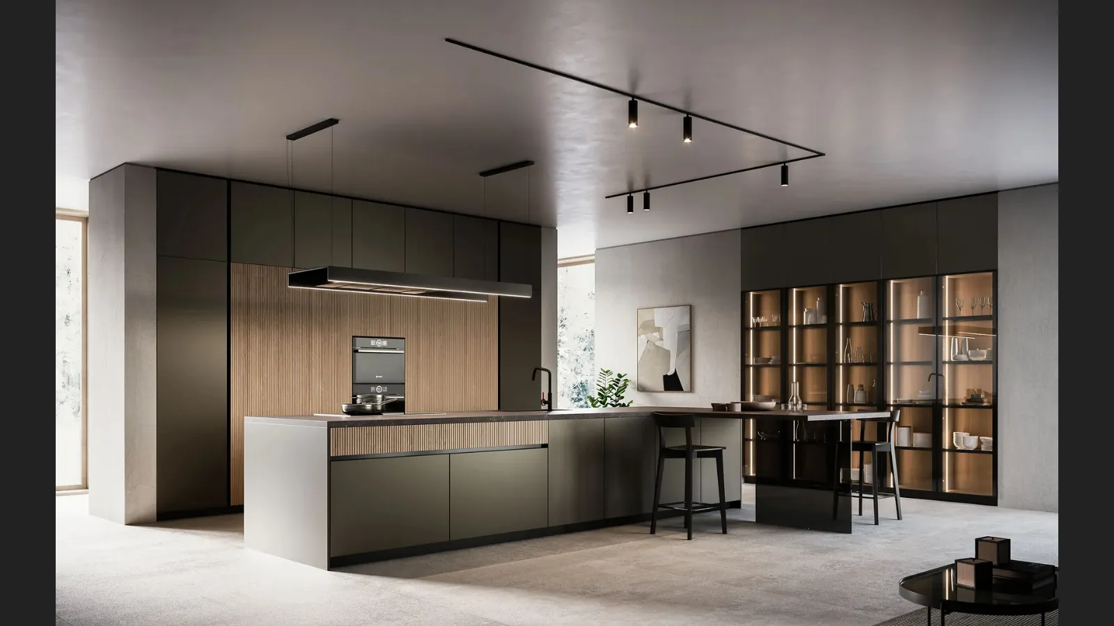 Cucina Moderna Asia con isola e penisola in laccato opaco e legno di Arredo3