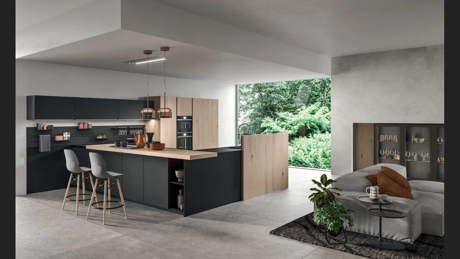 Cucina Moderna con penisola Time 04 in vetro Nero opaco e impiallacciato Rovere nordico nodato di Gentili Cucine