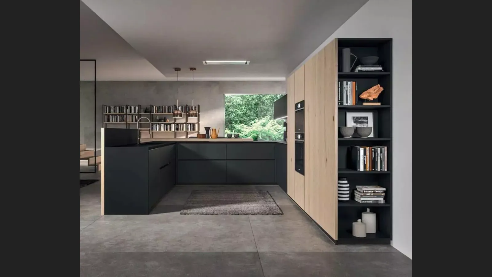 Cucina Moderna con penisola Time 04 in vetro Nero opaco e impiallacciato Rovere nordico nodato di Gentili Cucine