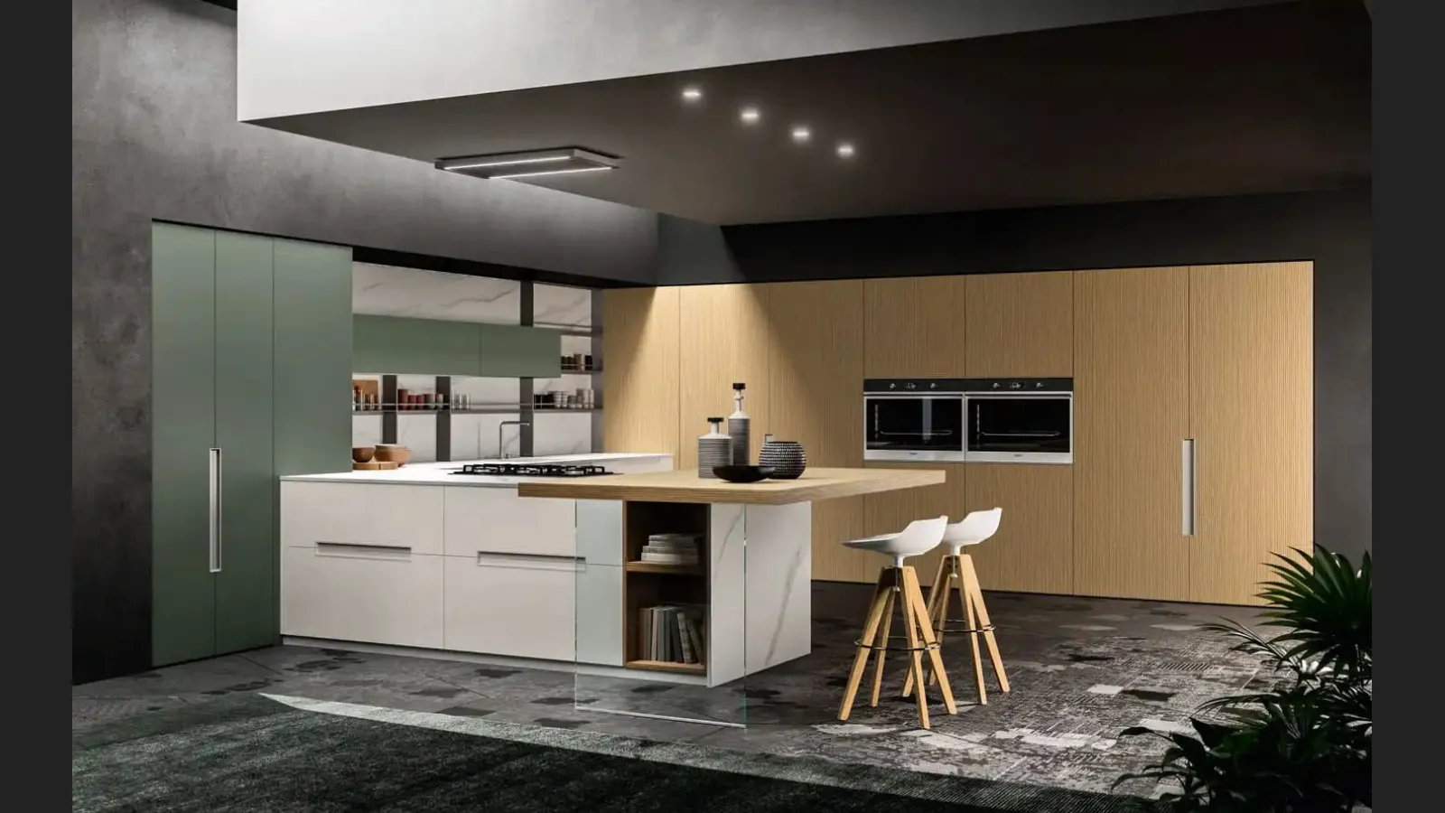 Cucina Moderna con penisola Time 04 2023 in Pet opaco Felce e Bianco e cannettato Grano di Gentili Cucine