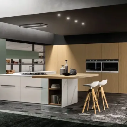 Cucina Moderna con penisola Time 04 2023 in Pet opaco Felce e Bianco e cannettato Grano di Gentili Cucine