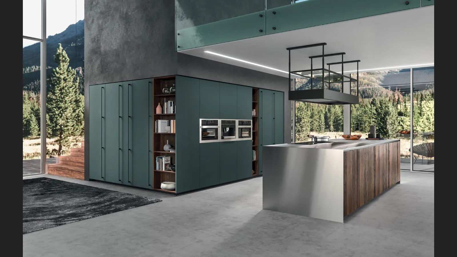 Cucina Moderna con isola Time 07 in legno Old Rovere Ascia e acciaio con colonne Fenix Verde Comodoro di Gentili Cucine