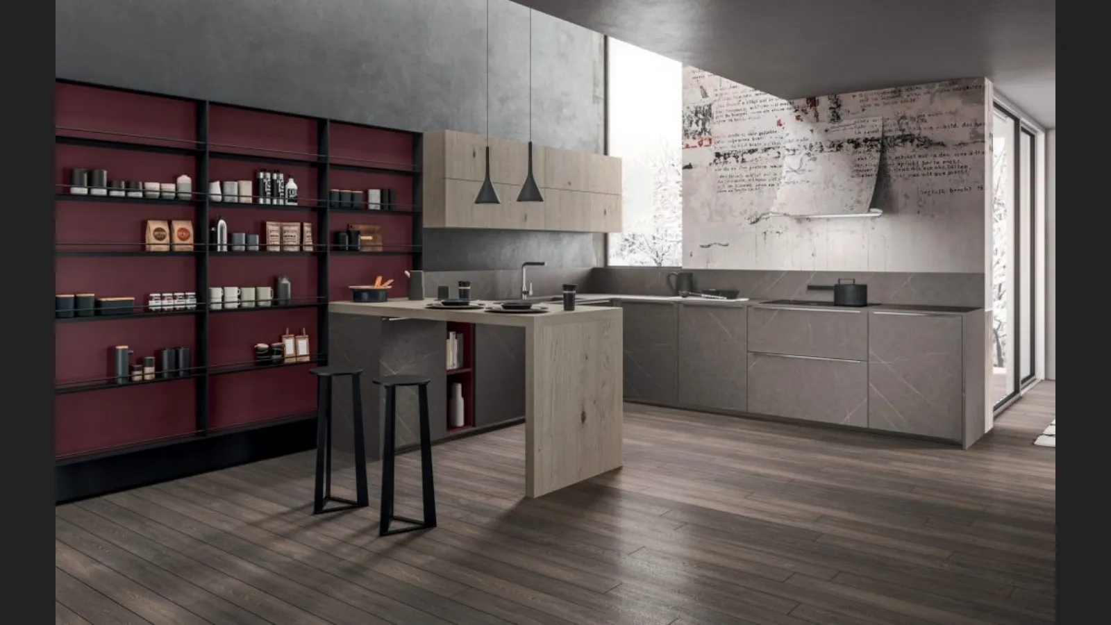 Cucina Moderna con penisola Time 09 in laminato HPL e impiallacciato Rovere di Gentili Cucine